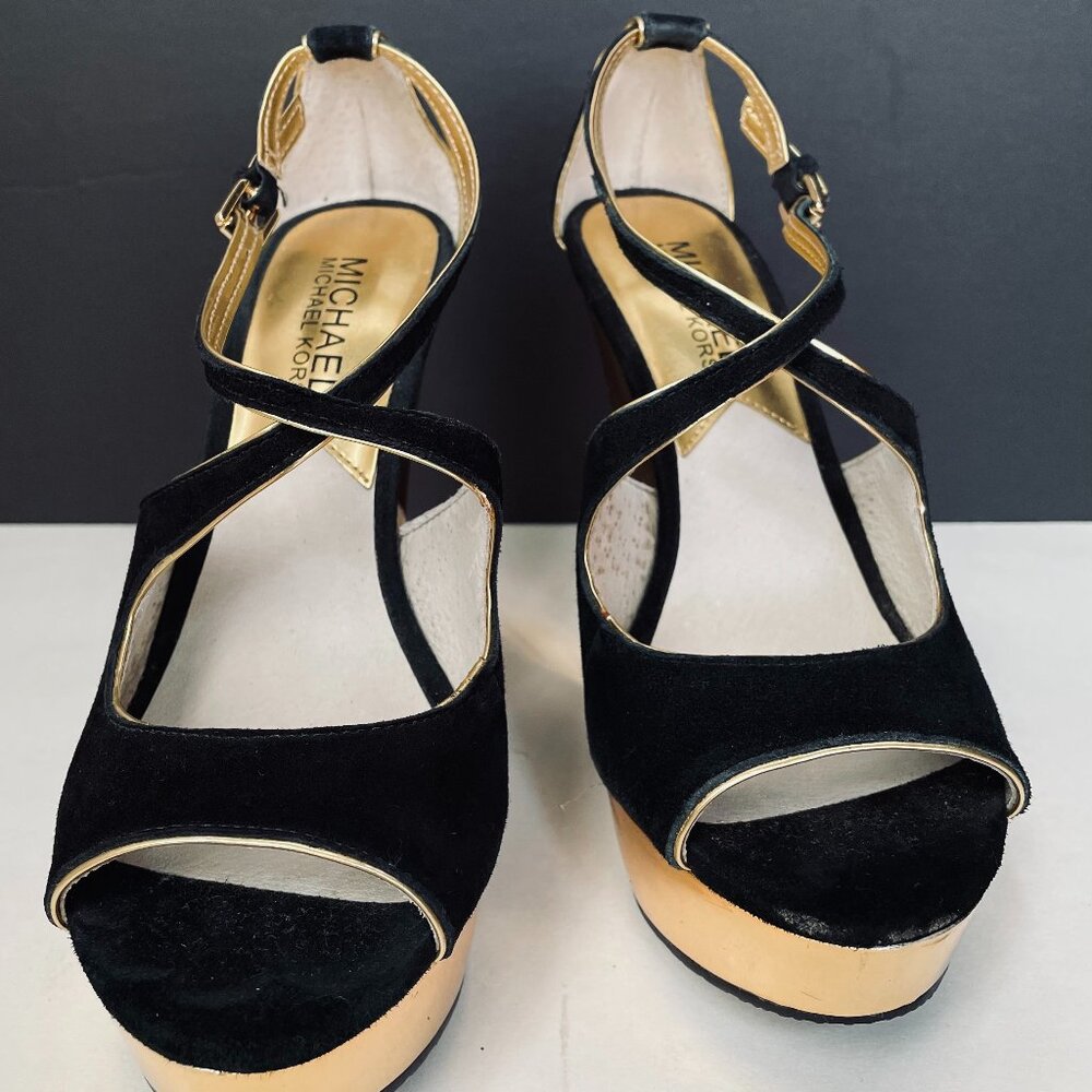 Michael Kors Black Suede Platform Sandals with Gold Trim